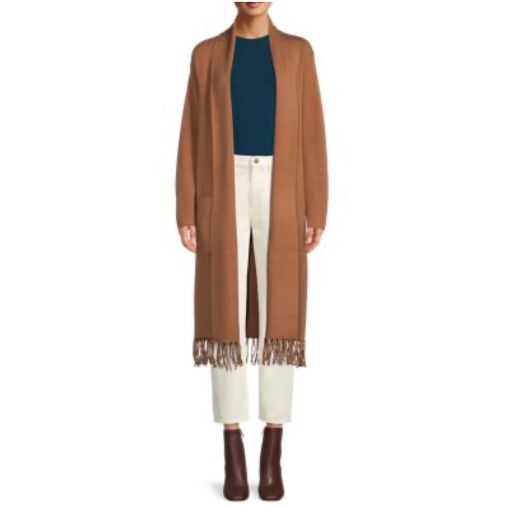 Tahari Camel Fringe Long Open Cardigan